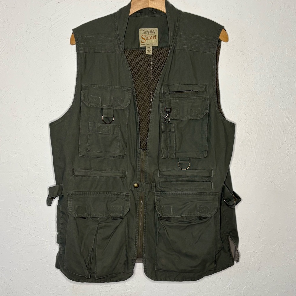 Cabela's Adult M Safari Vest Mens Olive Green Fishing Hunting Cotton Vented Back